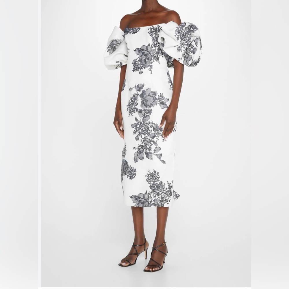 Monique Lhuillier Collection Off-the-Shoulder Puff Sleeve Midi Dress, Si…